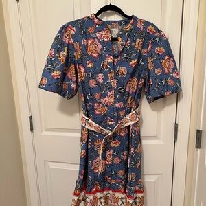 Joie Floral Blue Block Printed Ruffle Dress with Belt